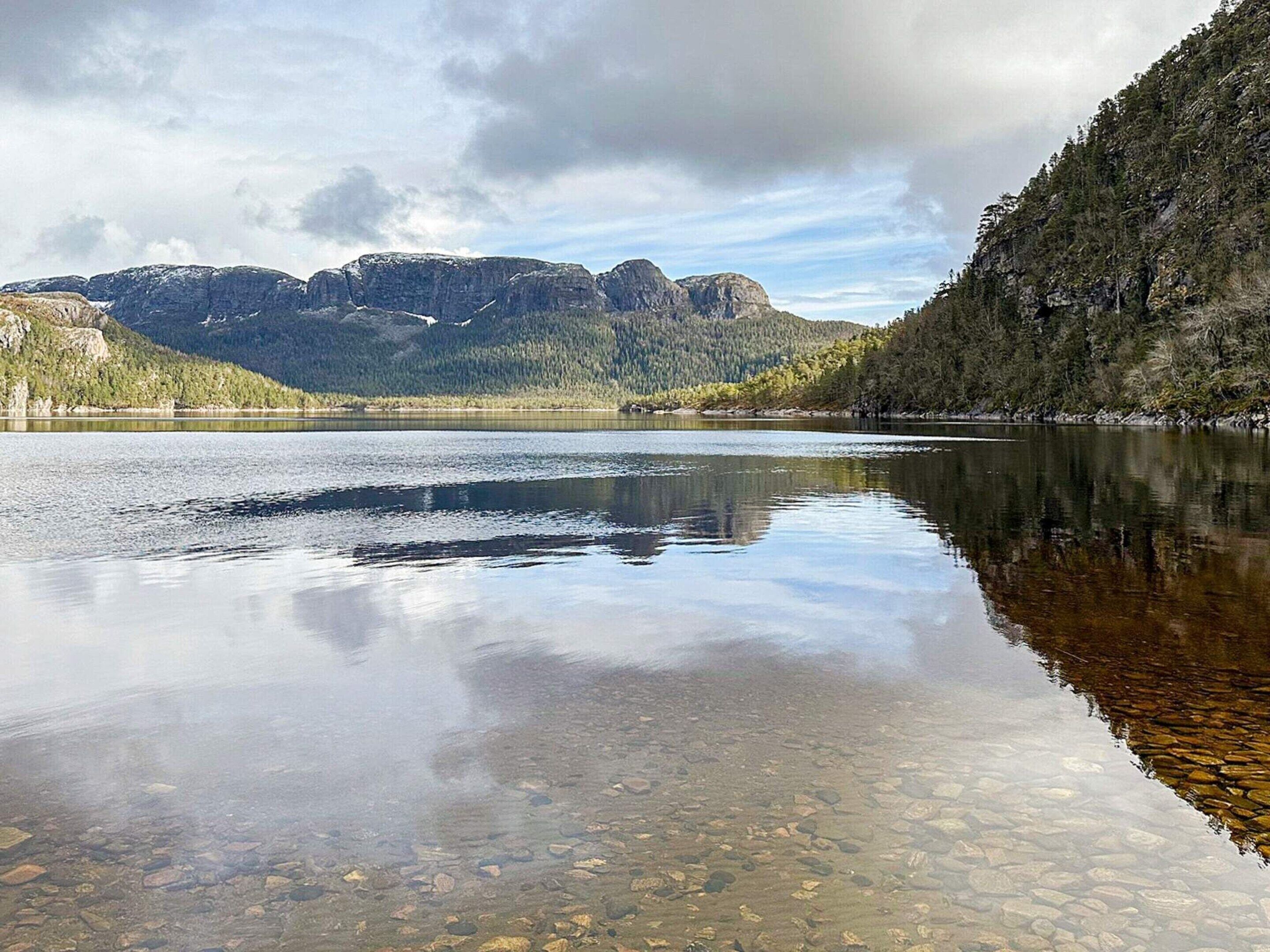 Ein ruhiger See mit klarem Wasser, das die umliegenden Berge und den Wald spiegelt.
