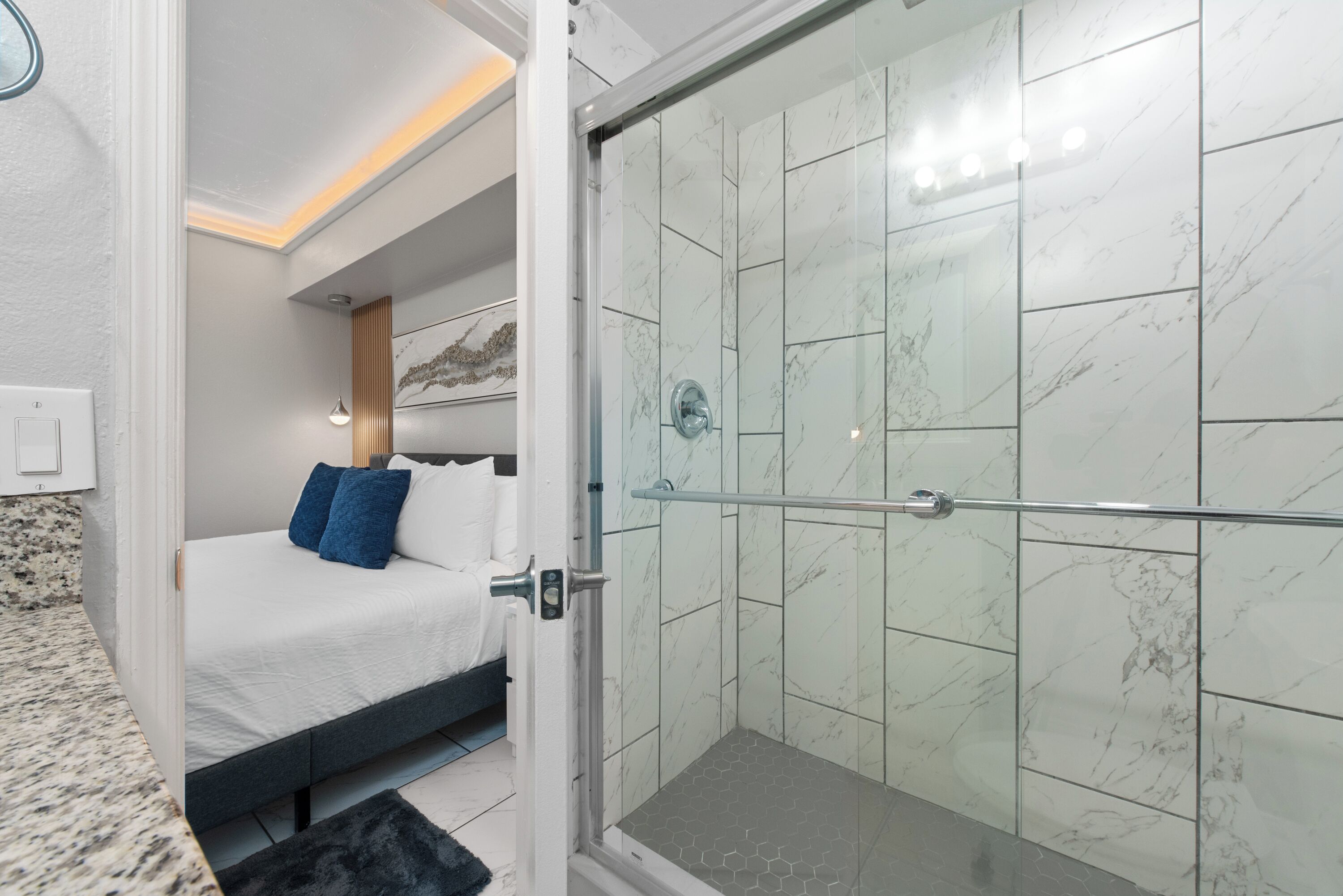 Hair dryer, towels, soap, shampoo