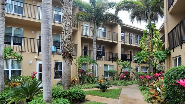 A multi-story residential building with balconies, surrounded by lush greenery and palm trees. - Island Oasis Surfside 208 (South Padre Island)
