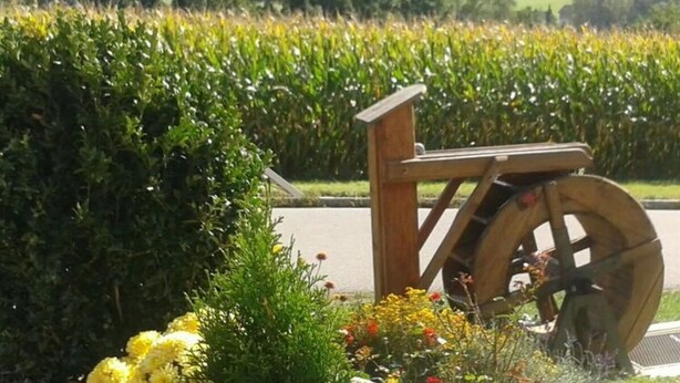A wooden structure with a wheel, surrounded by flowers and a cornfield in the background. - Holiday Apartment Tulpe Schuniglhof (Neukirchen Beim Heiligen Blut)