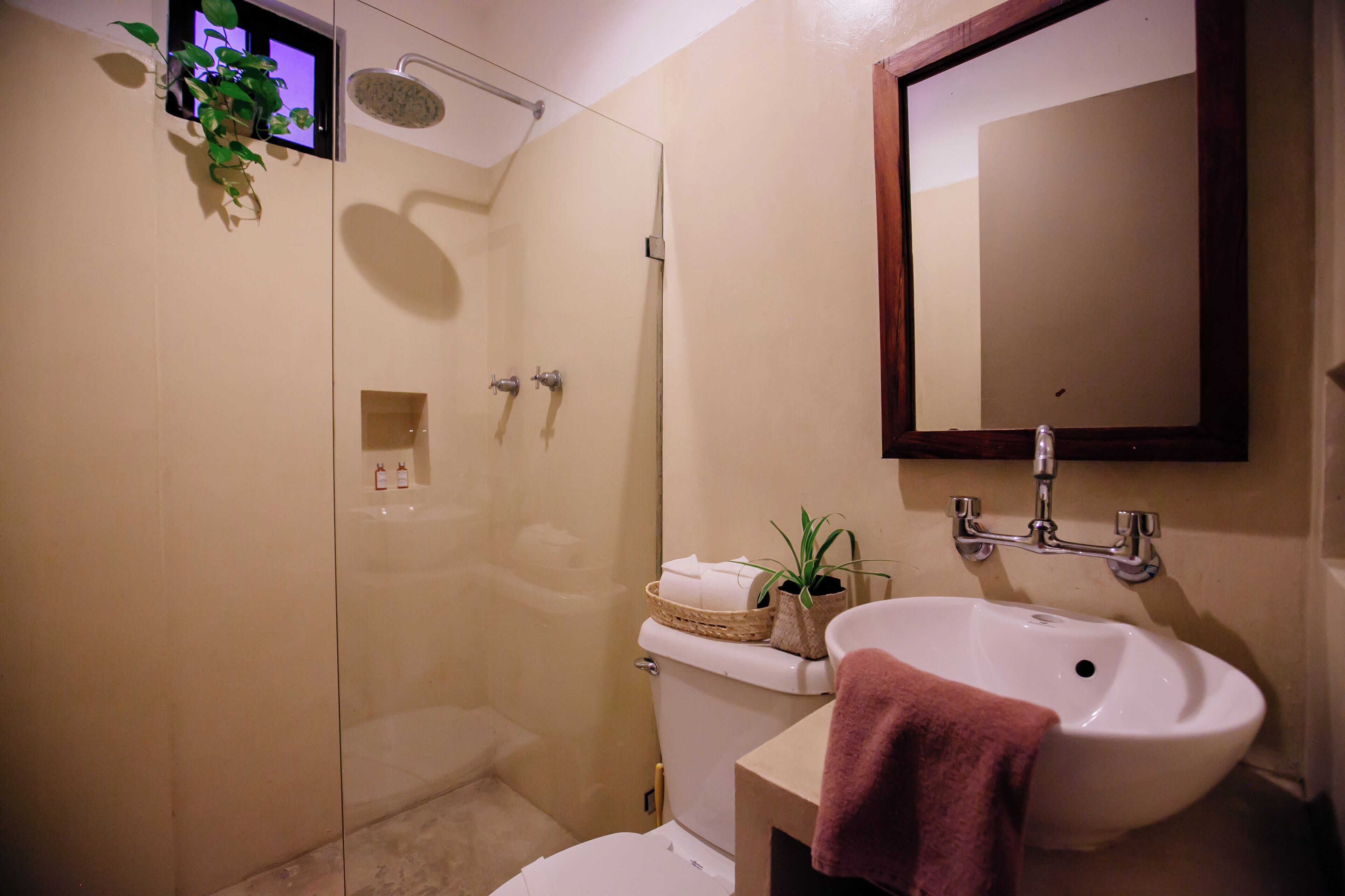 A bathroom with a glass-enclosed shower, a white sink, and a mirror above it.