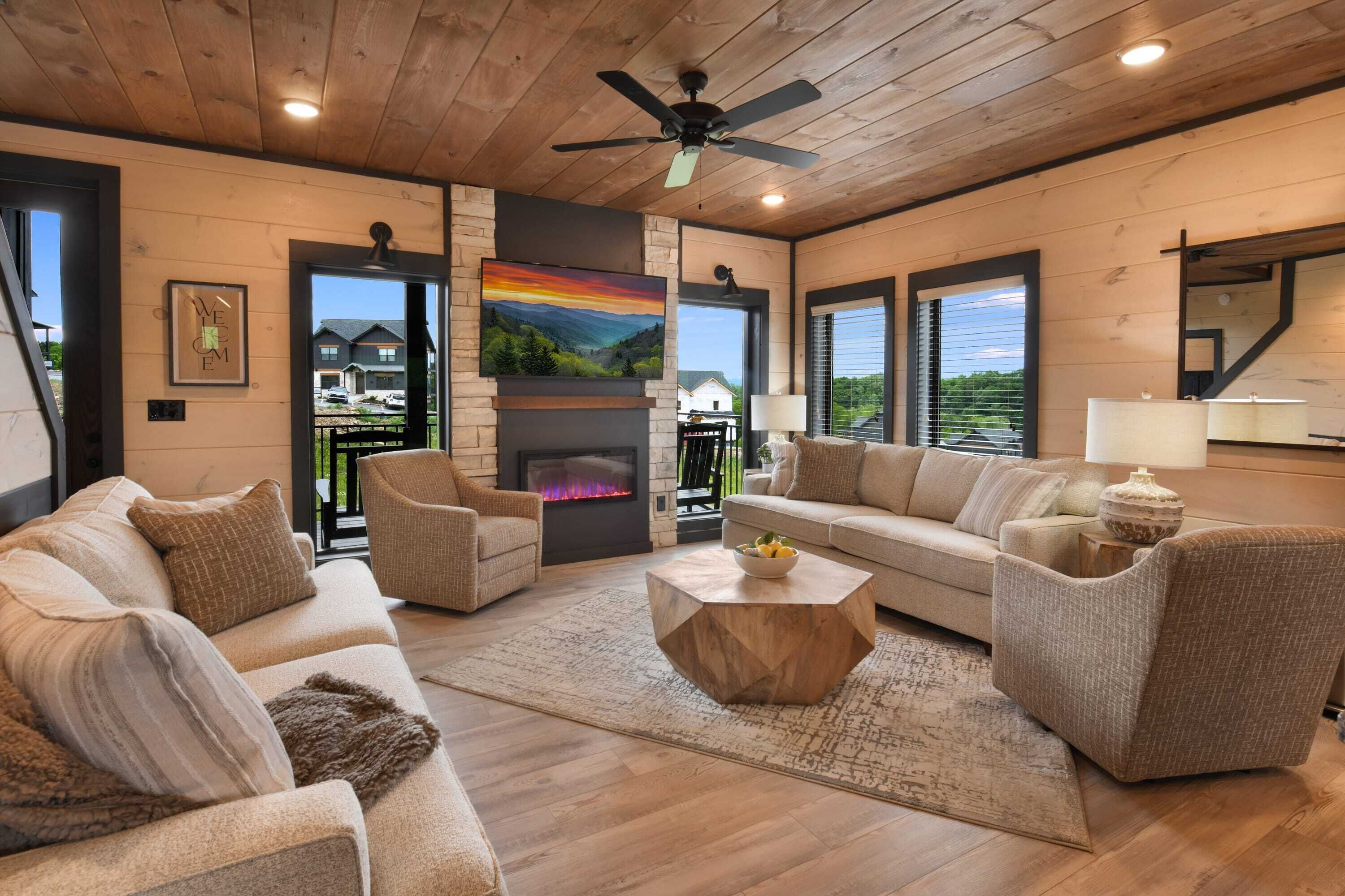 TV, fireplace, video games, stereo