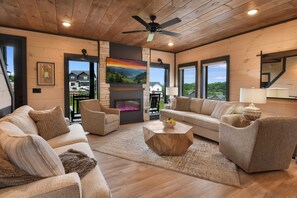 Televisión, chimenea, videojuegos y estéreo 