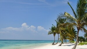 A beach with white sand and clear turquoise water. There are palm trees along the shoreline. - HDM 333 - Golf View Apartment in Exclusive Resort Access to Private Beaches (Punta Cana)