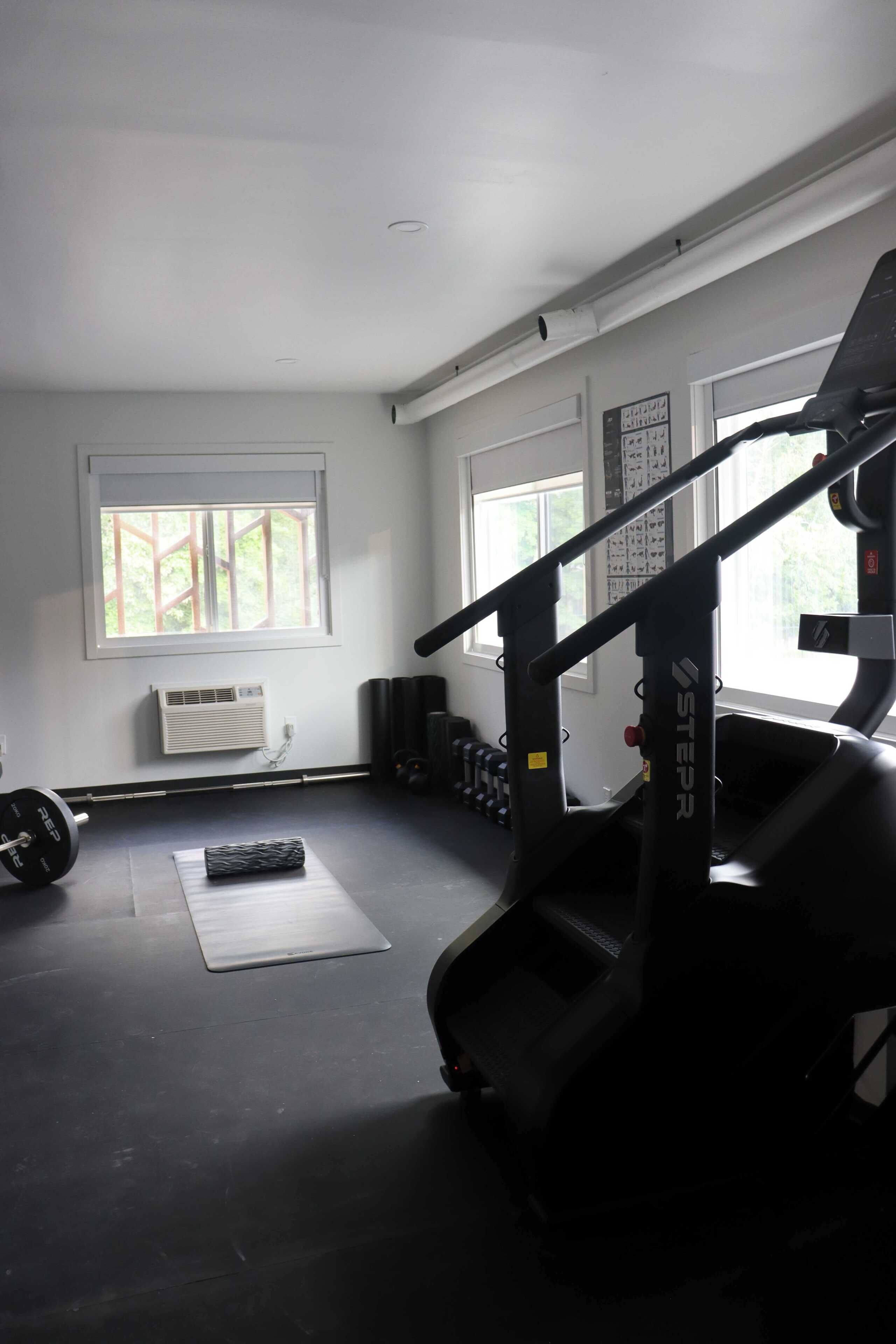 A gym with a treadmill, weights, and a window with a view of greenery.