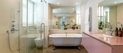 Hair dryer, towels, shampoo, toilet paper