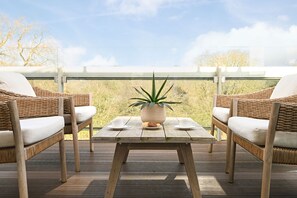 Eine Holzterrasse mit Korbstühlen und einem Tisch, einer Topfpflanze und Blick ins Freie.