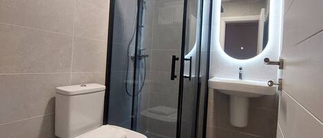 Ein modernes Badezimmer mit einer Duschkabine, einer Toilette und einem Waschbecken mit Spiegel.