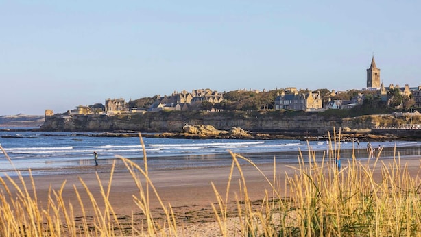 Un pueblo costero con edificios históricos, una torre destacada y una playa con gente y césped al frente.