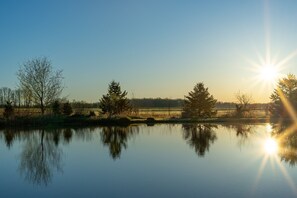 A calm lake with trees and a clear sky.