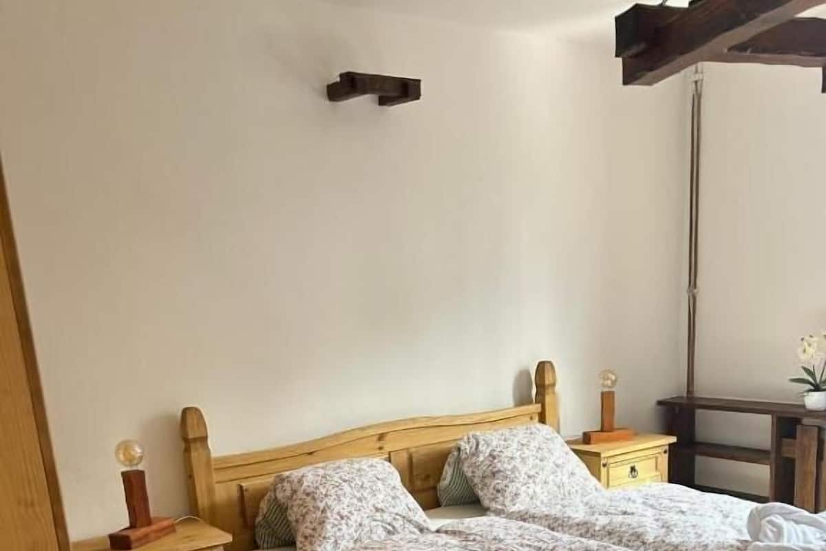 Una cama individual con estructura de madera, una mesita de noche con cajones, una lámpara en la mesita y una pequeña planta en maceta.