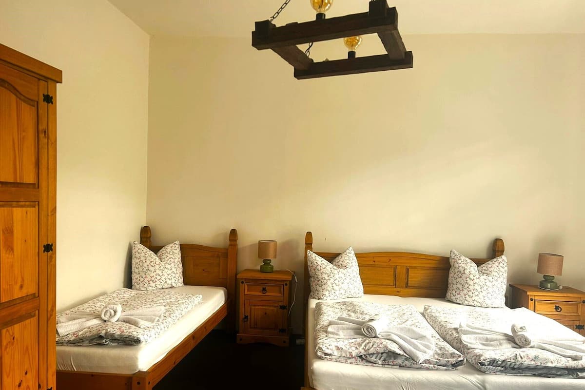 Una habitación con dos camas de madera, cada una con una mesita de noche y una lámpara.