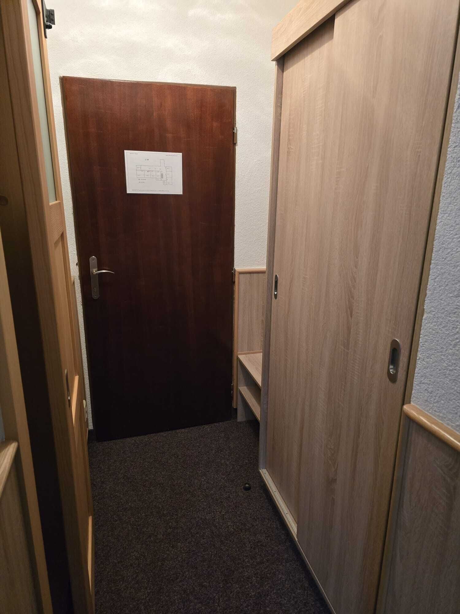 A narrow hallway with a wooden door at the end, a carpeted floor, and a wooden wardrobe to the right.