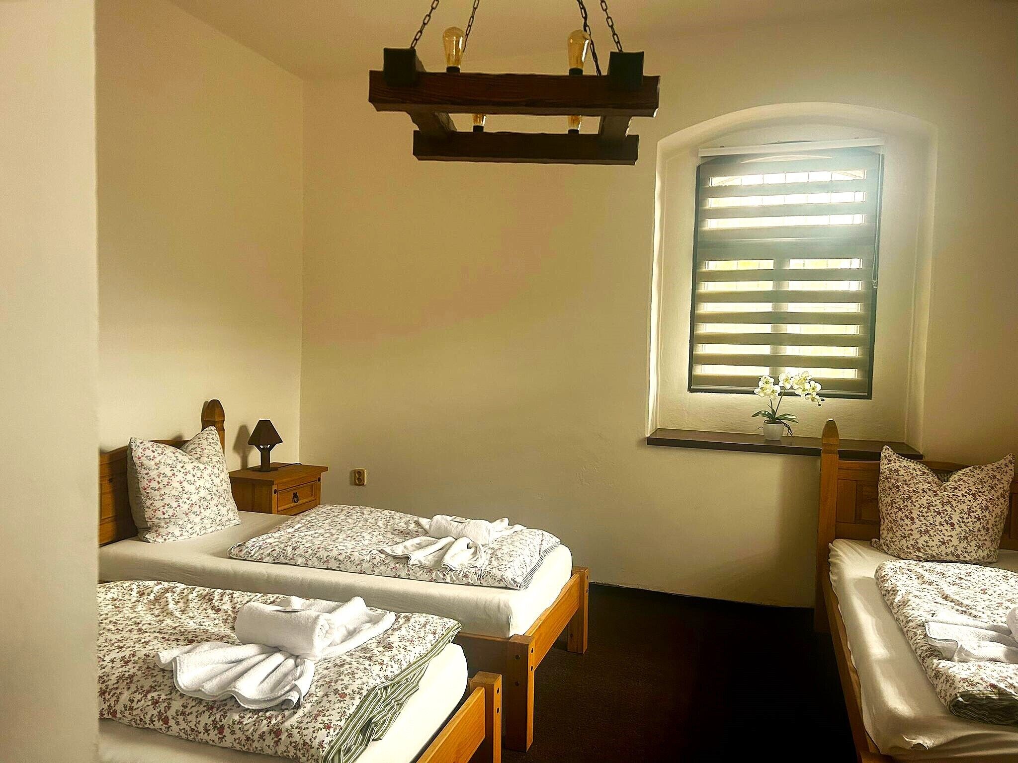 A bedroom with two beds, a wooden headboard, a bedside table with a lamp, a window with blinds, and a small potted plant.