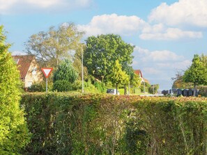 Uma estrada rural com placa de limite de velocidade, uma sebe e fileiras de casas.
