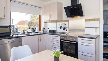 A modern kitchen with stainless steel appliances, a dining table, and a potted plant.