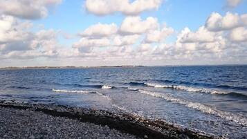A coastal landscape with a rocky shoreline, waves, and a distant horizon.