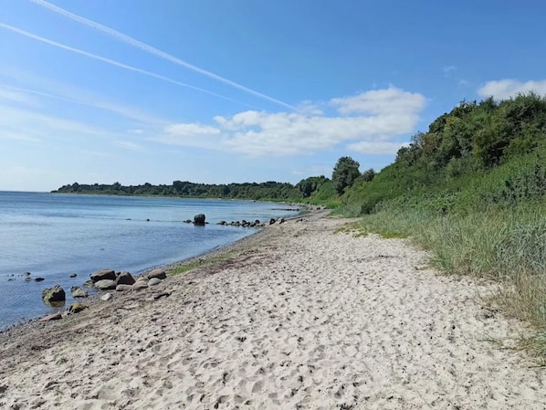 A sandy beach with rocks, a clear sky, and a distant forested area. - 4 Person Holiday Home in Haderslev (Haderslev)