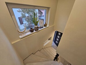 Un escalier avec une fenêtre au-dessus, offrant une vue sur le paysage extérieur et des plantes en pot.