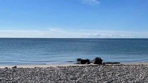 A pebbled beach with a clear blue sky and calm sea. - 7 Person Holiday Home in Sjaellands Odde (Sjællands Odde)