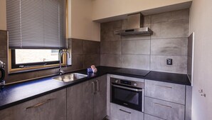 A modern kitchen with grey cabinets, a stainless steel sink, and a built-in oven. - Forest Villa With Private Terrace (Ewijk)