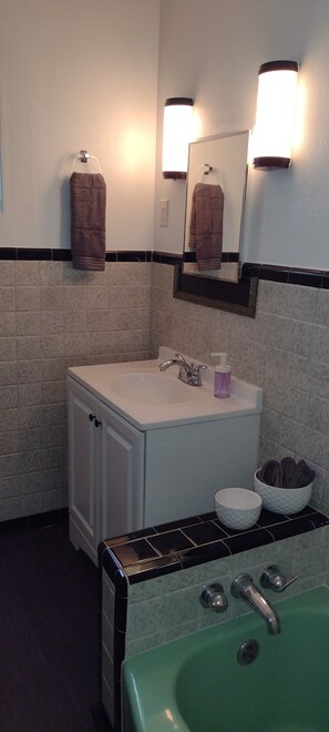 Hair dryer, towels, soap, shampoo