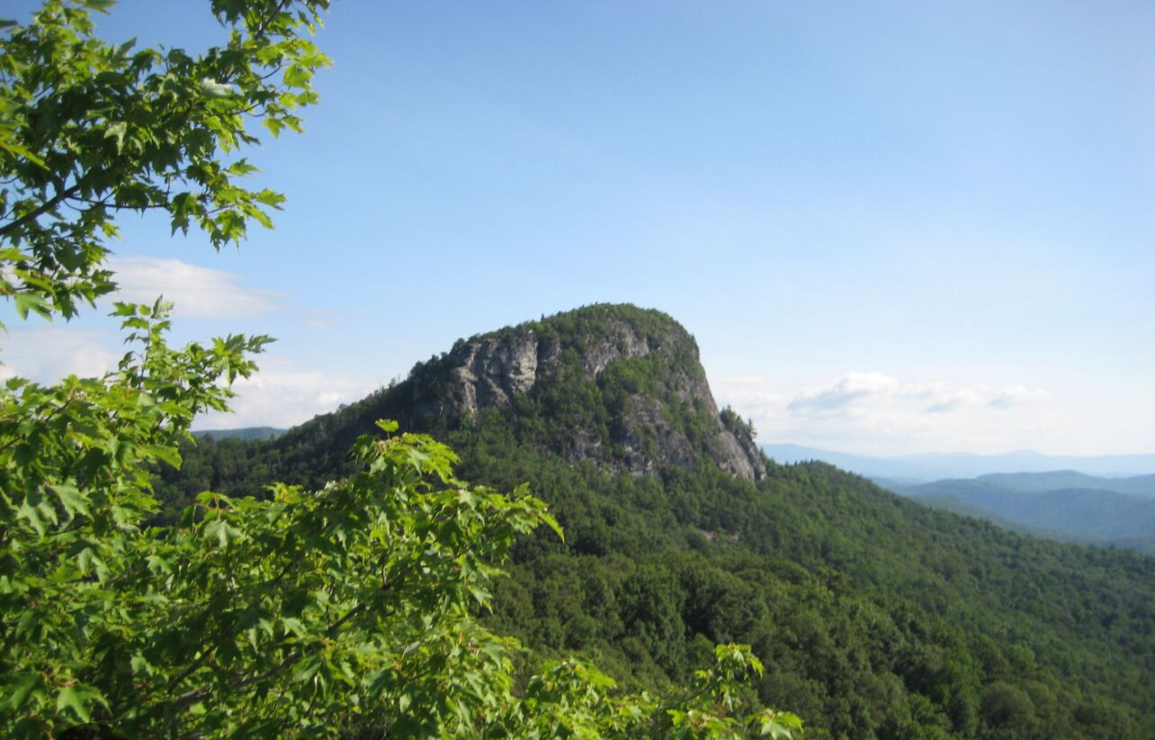 A mountainous landscape with dense forest and a prominent rocky peak.