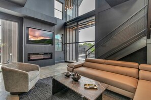 Télévision, cheminée, espaces bureaux