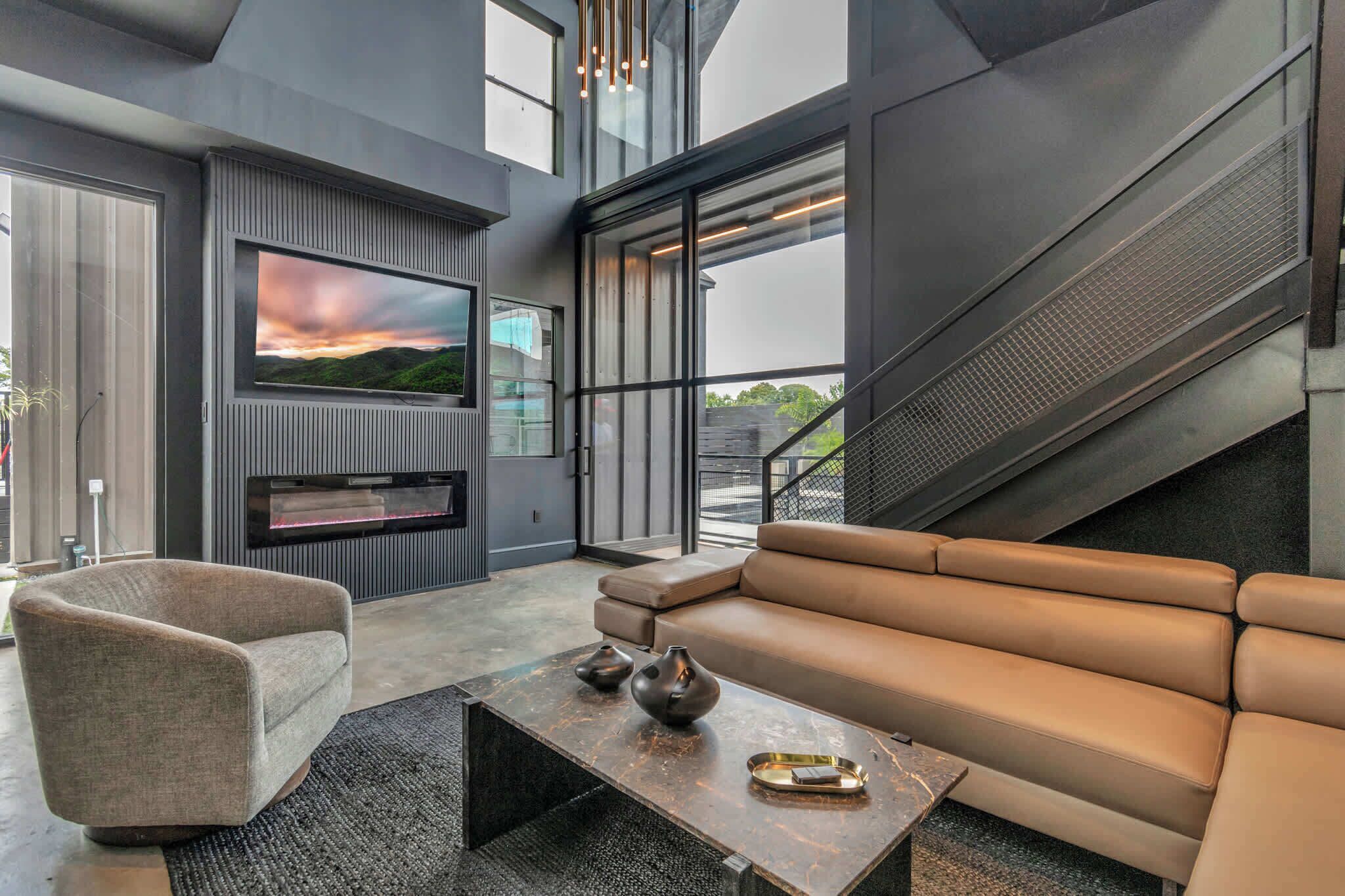 TV, fireplace, offices