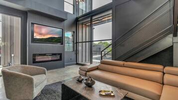 Televisión, chimenea y oficina