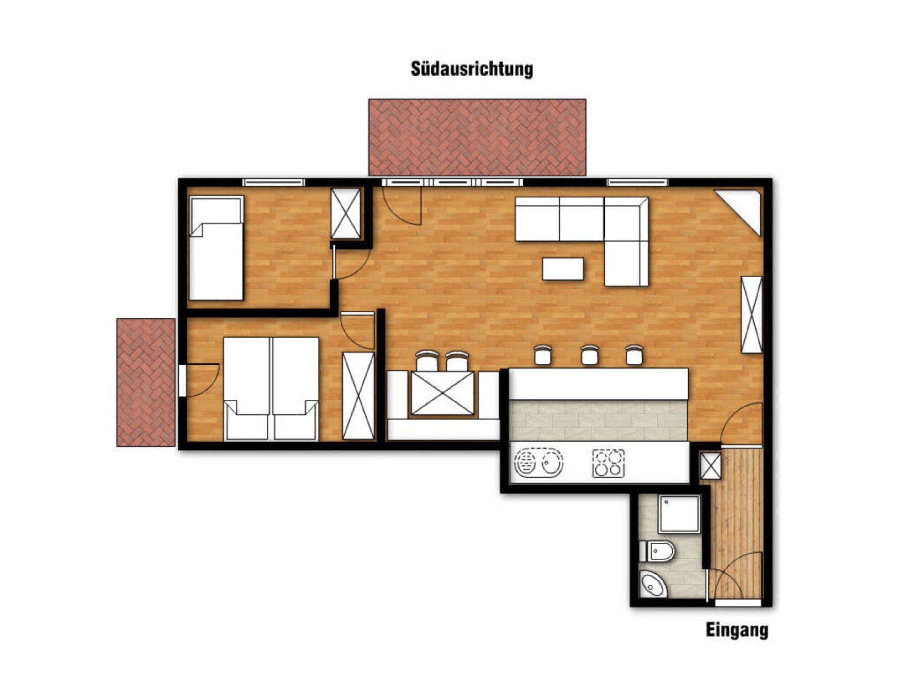 A floor plan of a hotel room with a living area, kitchenette, bathroom, and a small outdoor space.