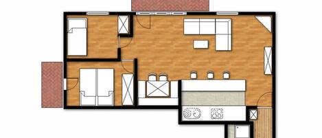 A floor plan of a hotel room with a living area, kitchenette, bathroom, and a small outdoor space.