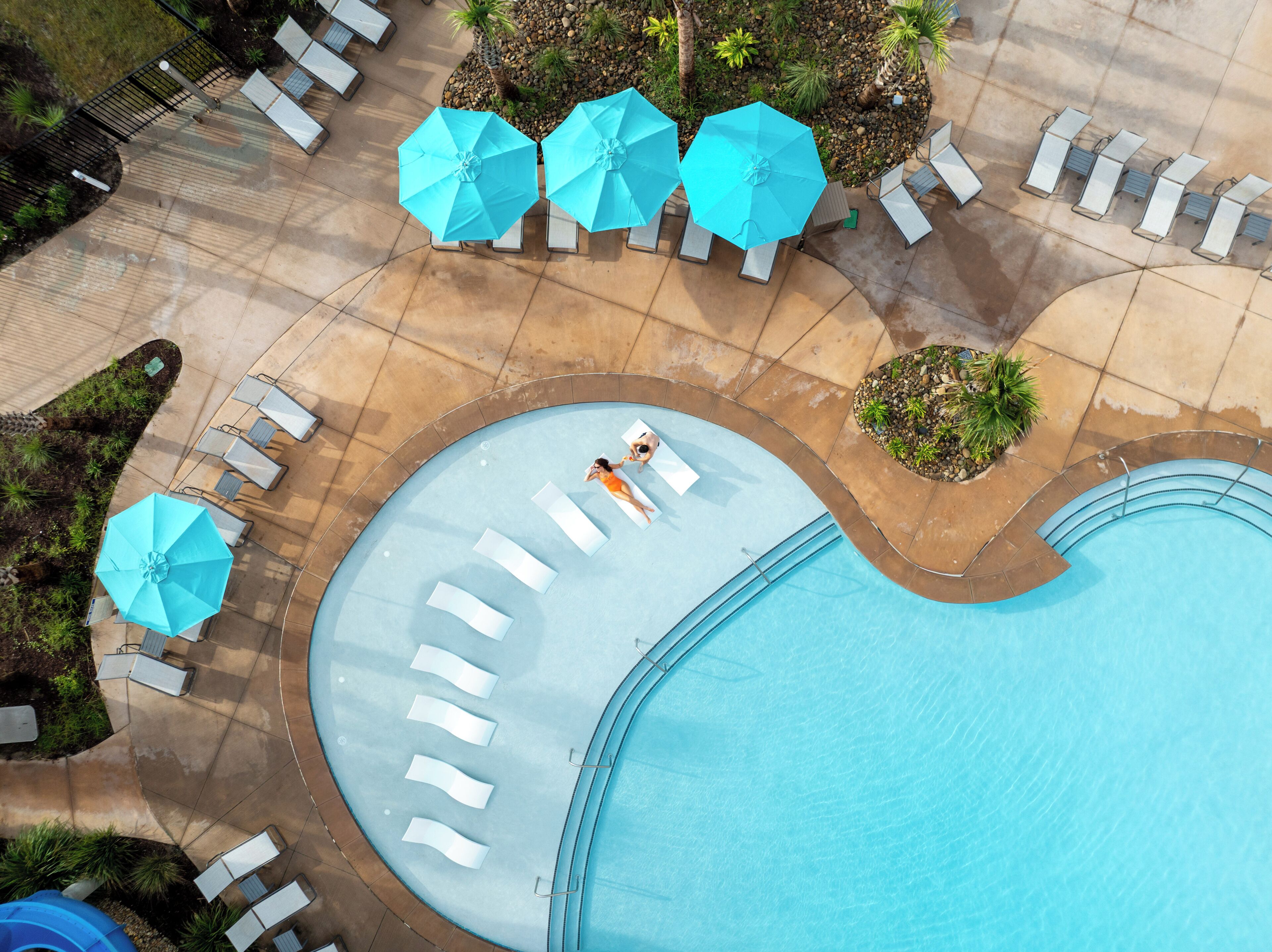 An aerial view of a swimming pool area with lounge chairs and umbrellas.
