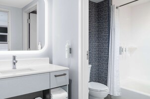 Hair dryer, towels, soap, shampoo