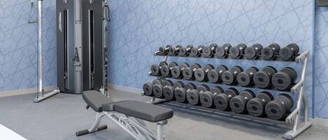 A gym with a bench, weight rack, and a squat rack.