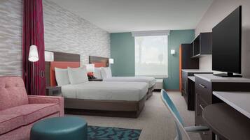 Desk, laptop workspace, blackout drapes, iron/ironing board