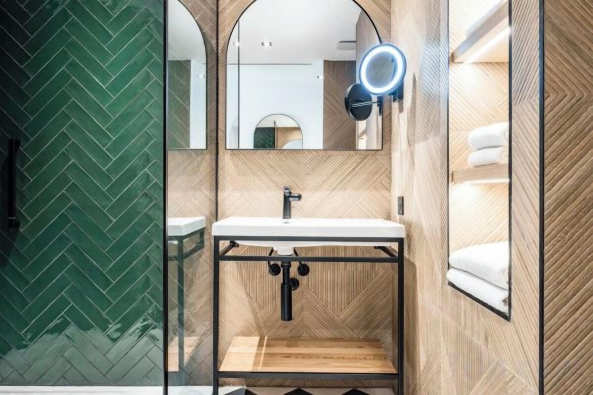 Shower, rainfall showerhead, hair dryer, bathrobes