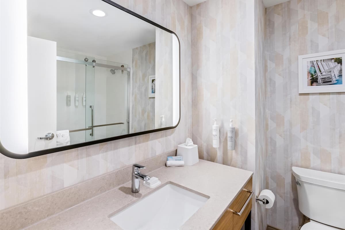 A modern bathroom with a large mirror, a sink, and a toilet.