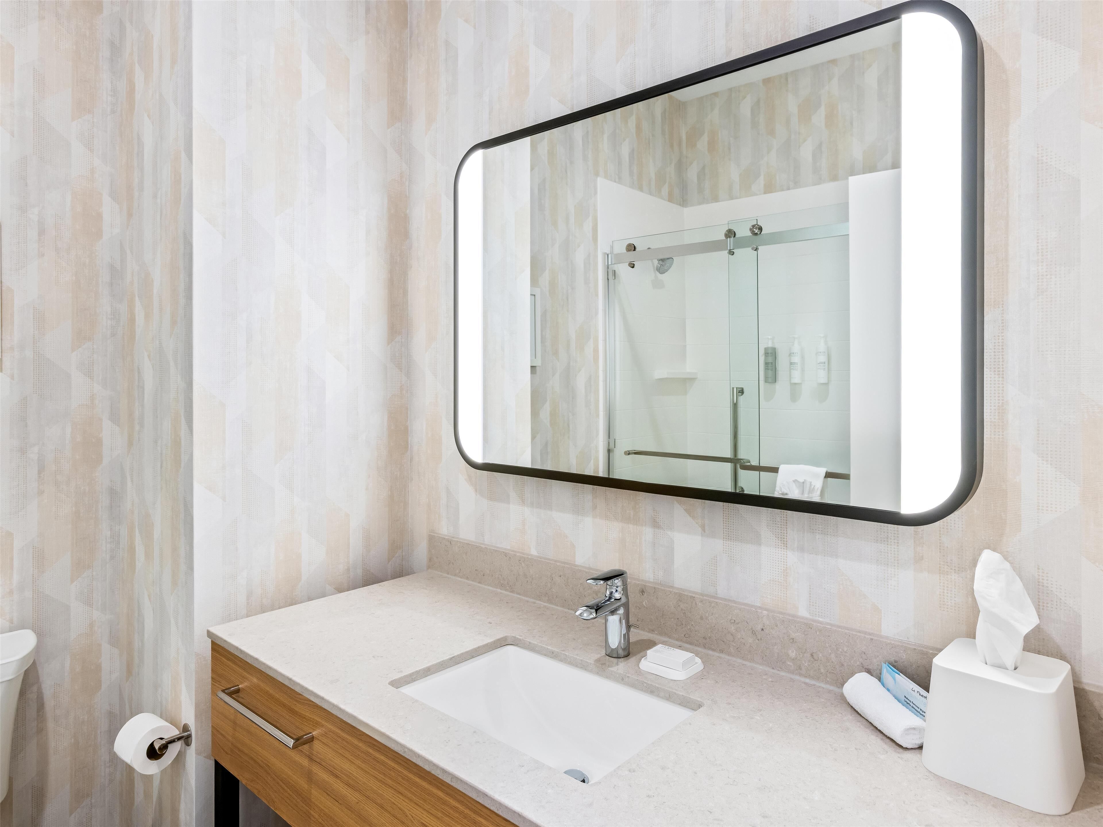 A bathroom with a large mirror, a sink, a towel dispenser, and a toilet paper holder.