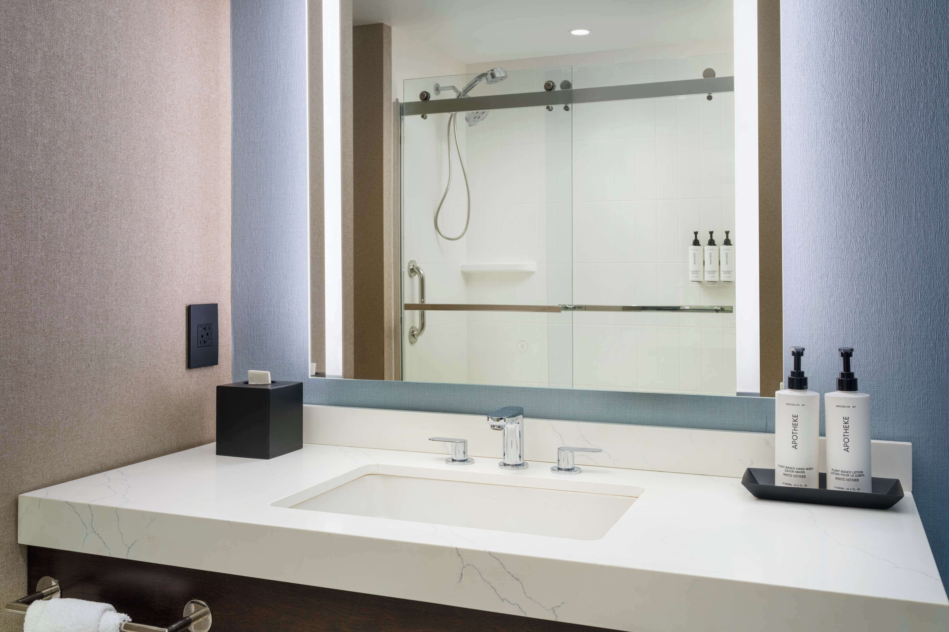Un baño moderno con un espejo grande, un lavamanos blanco y dos botellas de productos para el cuidado de la piel Apothic.