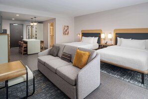 Desk, laptop workspace, blackout curtains, iron/ironing board