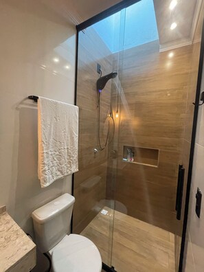 Douche, serviettes fournies, papier toilette