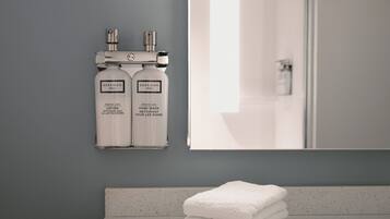 A bathroom with a grey wall, a white sink, and two bottles of Beekman 1801 lotion.