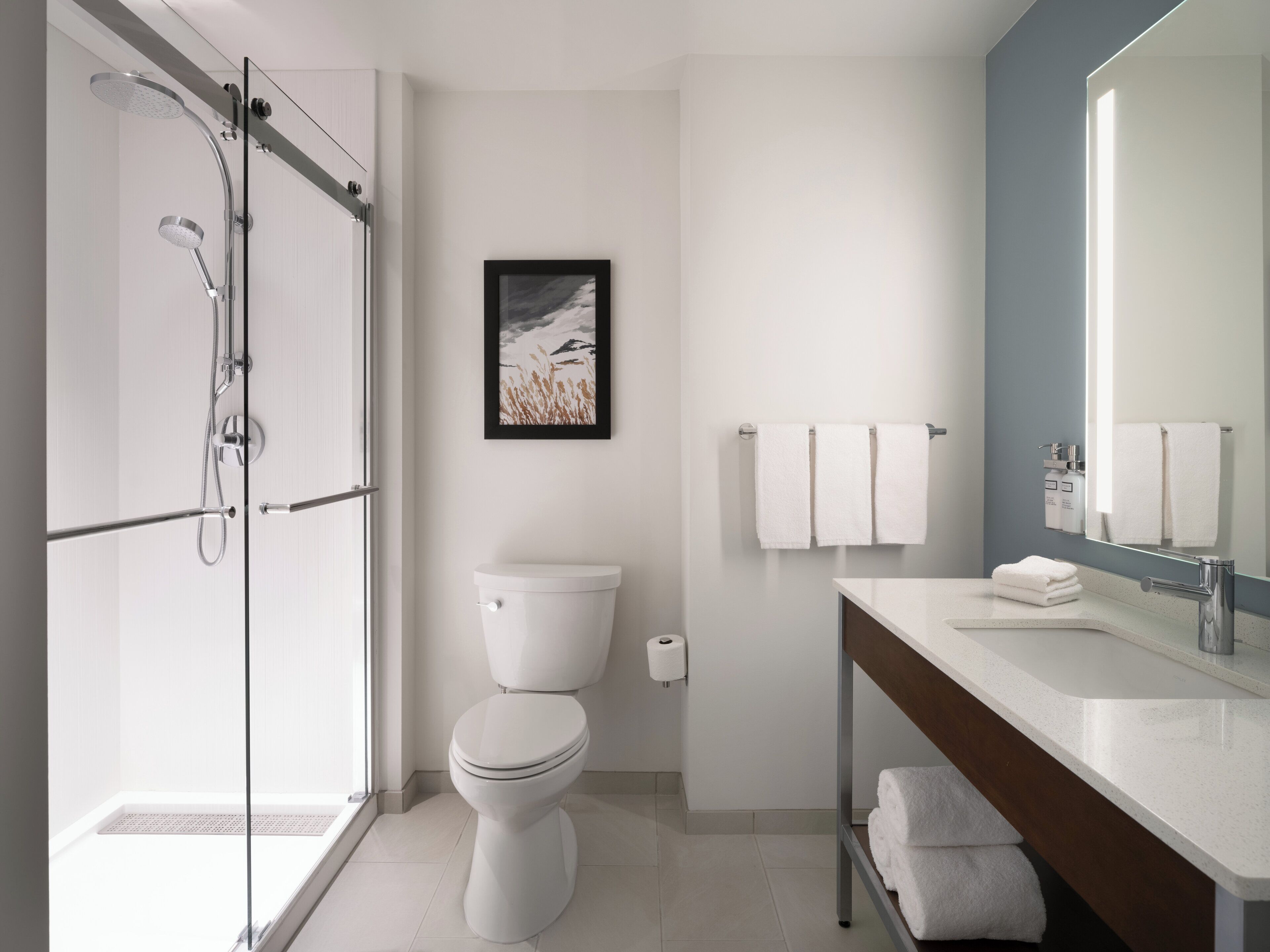 A modern bathroom with a glass-enclosed shower, a toilet, a sink with a mirror, and a framed picture on the wall.