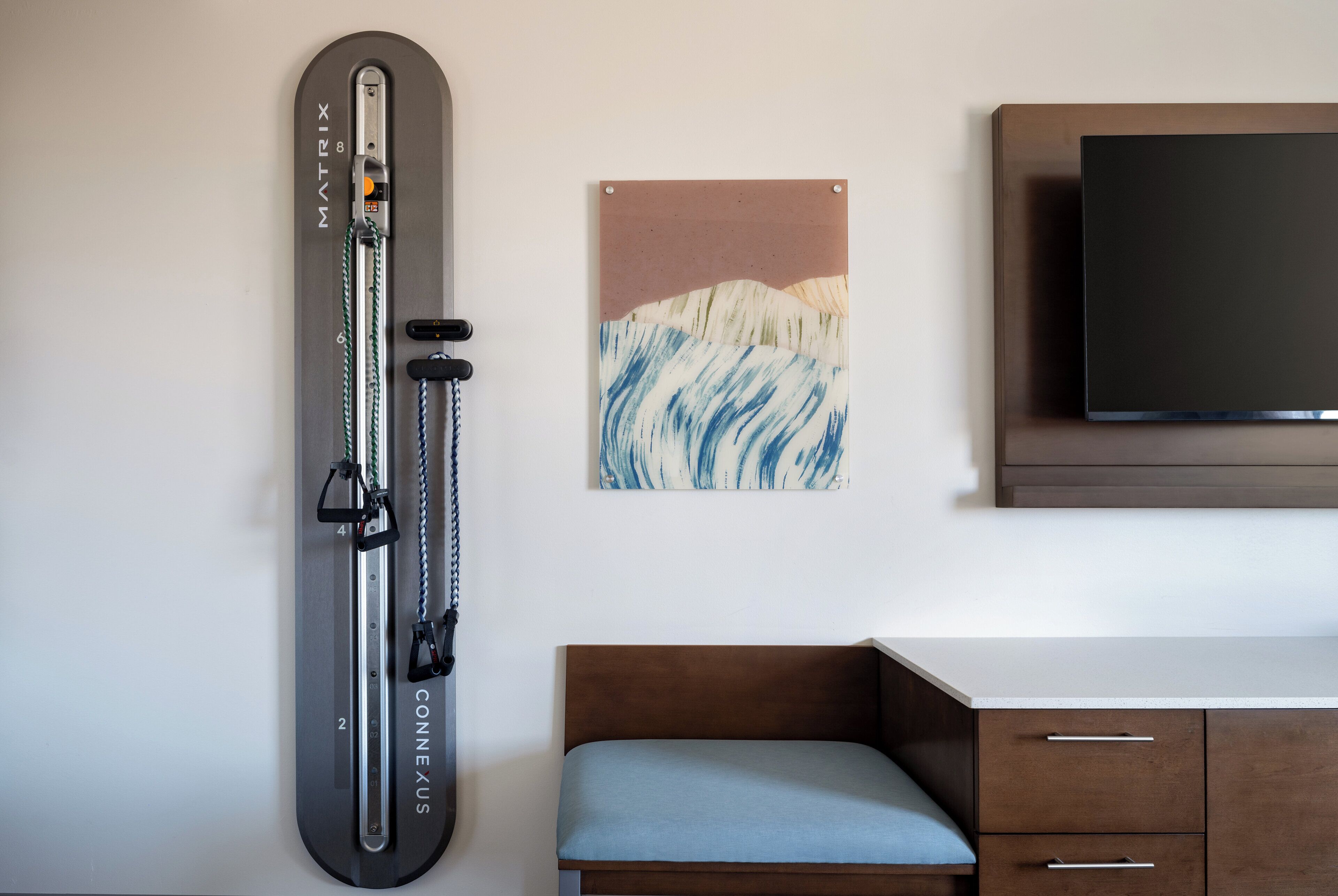A room with a wooden cabinet, a mounted TV, a wall-mounted exercise machine, and a painting.