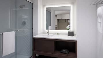 A modern bathroom with a glass shower enclosure, a white sink, and a large mirror.