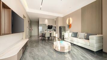 Suíte, 2 quartos, cozinha (Dining) | Escrivaninha, espaço de trabalho para notebook, quartos à prova de som