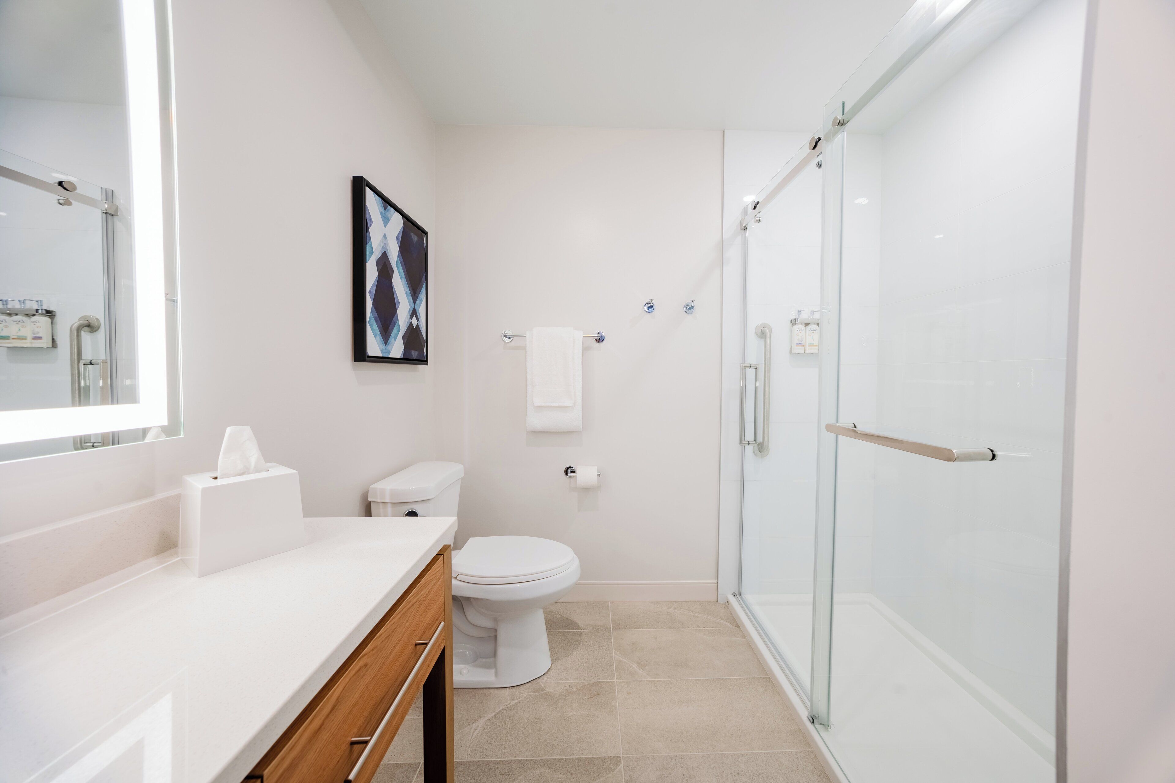 Une salle de bain moderne avec une douche à parois de verre, des toilettes blanches et un grand miroir.