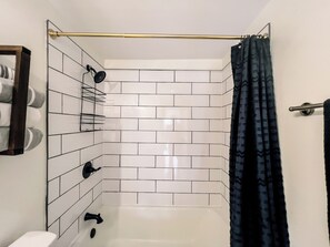 Hair dryer, towels, soap, shampoo