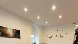 A room with a large painting of a forest scene, a ceiling with recessed lighting, and wall decals of deer and birds.